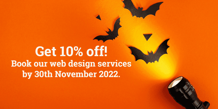 Get 10% off web design services with a Halloween theme, featuring bats and a flashlight on an orange background, valid until 30th November 2022.