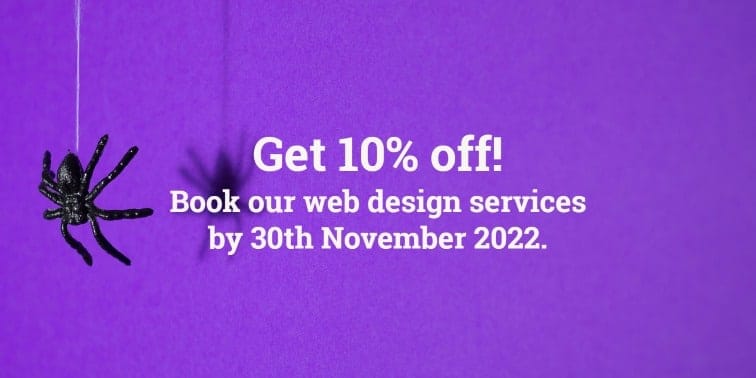 Spider hanging from a thread against a purple background with promotional text: "Get 10% off! Book our web design services by 30th November 2022."