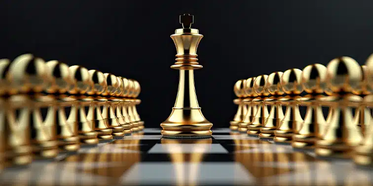 Golden chess king surrounded by pawns on a chessboard, symbolising strategy and competition in digital marketing and web design.