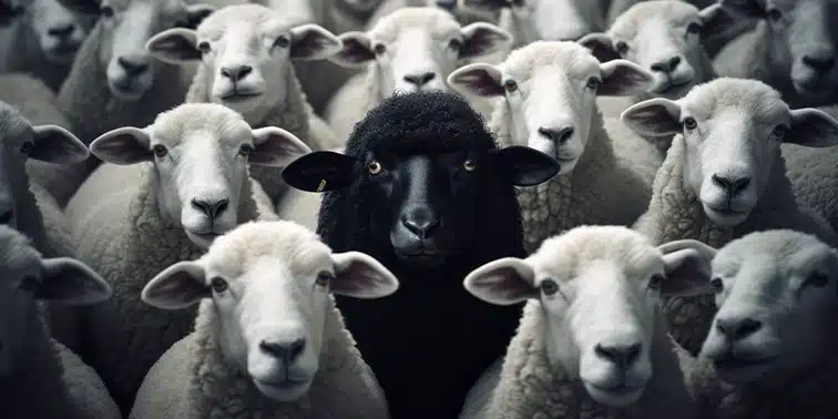 Black sheep standing out among a flock of white sheep, symbolising uniqueness and differentiation in digital marketing.