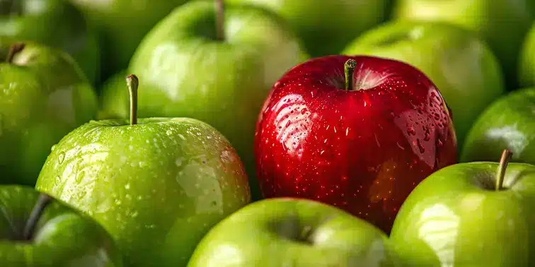 Red apple surrounded by green apples, showcasing freshness and variety in fruit selection.