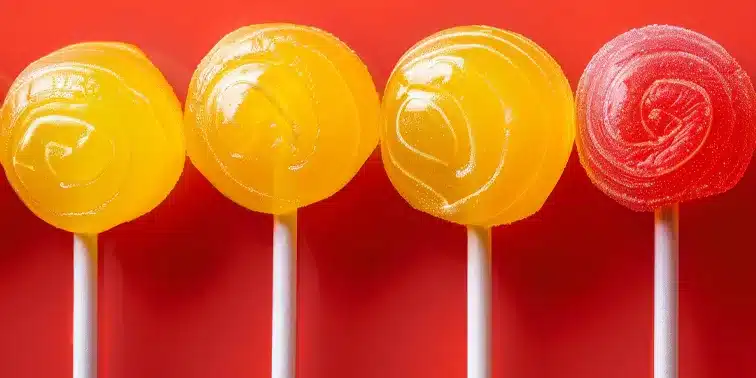 Lollipops in vibrant colours against a red background, representing the playful and engaging nature of Smart Cow Marketing's digital marketing strategies.