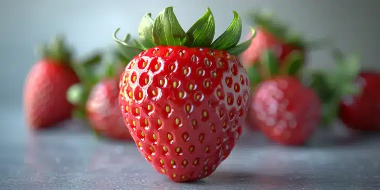 Vibrant red strawberry with green leaves in focus, surrounded by blurred strawberries, symbolising fresh produce and healthy eating.