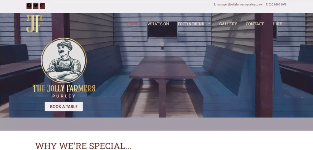 Website design for The Jolly Farmers Pub in Purley, featuring a welcoming layout, logo, and call-to-action button for booking a table.