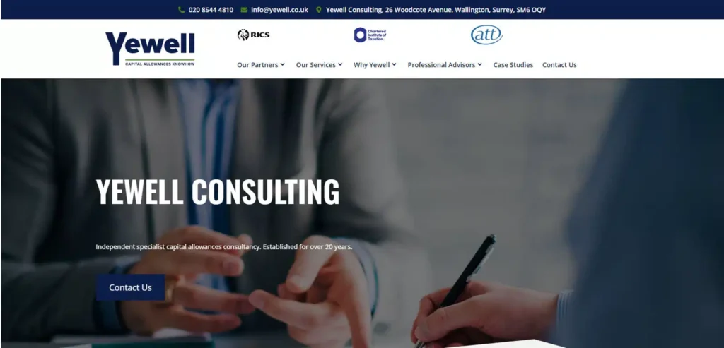 Yewell Consulting website showcasing capital allowances consultancy services, featuring logo, contact information, and a professional design aimed at enhancing digital presence.