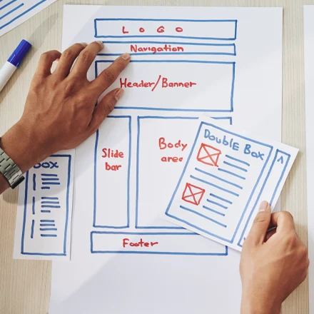 Hands sketching a website layout on paper, featuring sections labelled 'Logo', 'Navigation', 'Header/Banner', 'Slide bar', 'Body area', and 'Footer', illustrating the website design process relevant to Smart Cow Marketing's services.