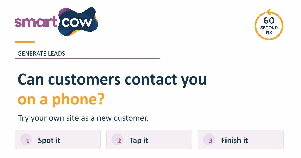 Smart Cow checklist asking whether customers can contact you on a phone, with three steps: spot it, tap it, finish it.