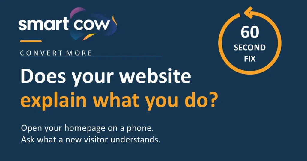 Smart Cow graphic asking whether a website explains what the business does, with a prompt to check the homepage on a phone.