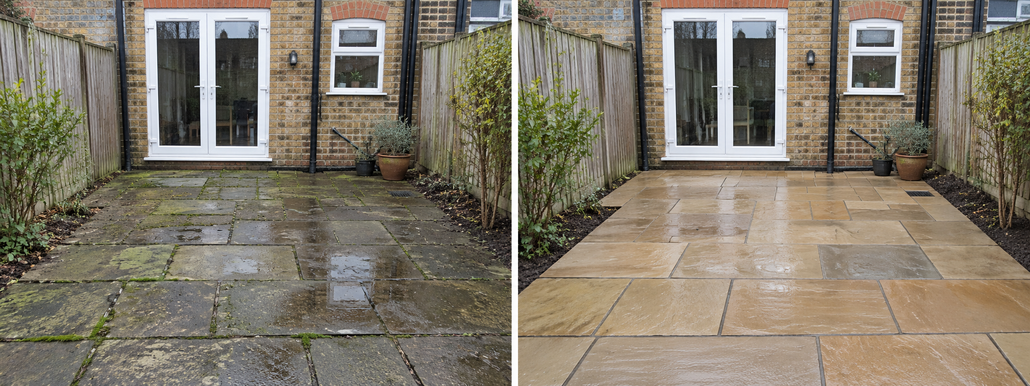 Illustrative side-by-side view of the same garden patio before and after relaying the paving.