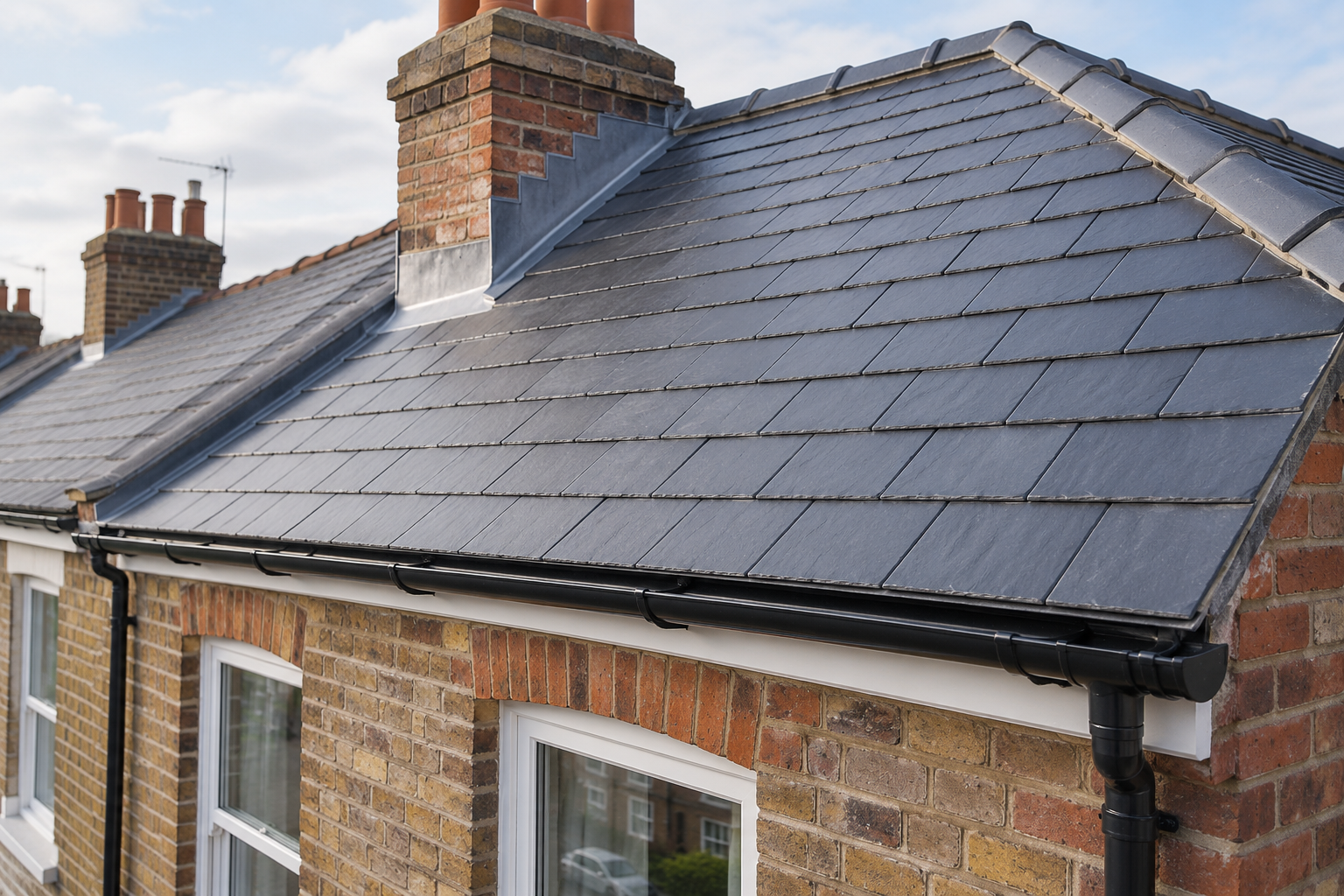 Illustration of a finished slate roof and flashing on a brick terraced house.