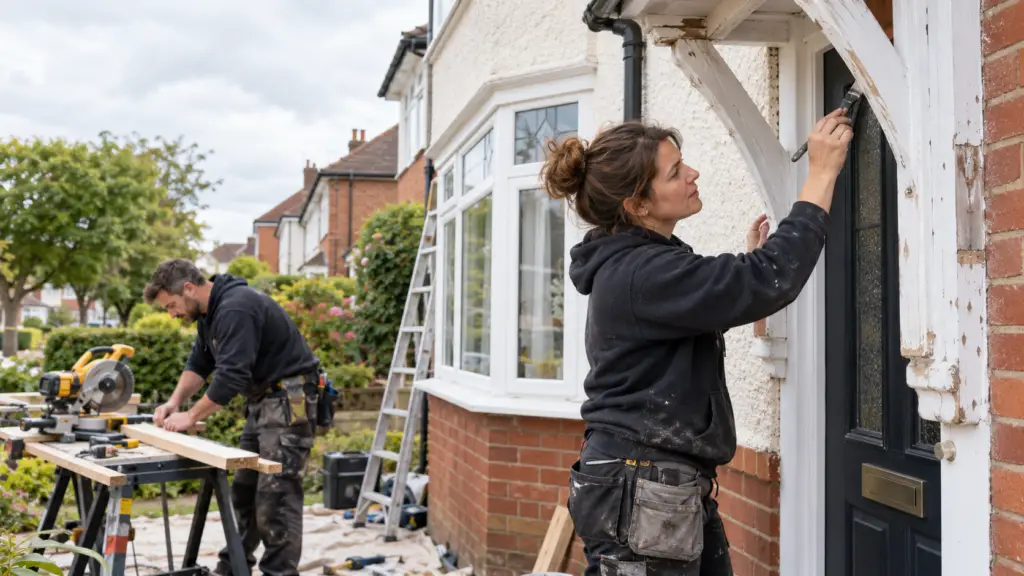 Illustration of two tradespeople working outside a UK house, one preparing timber and one painting a doorway.