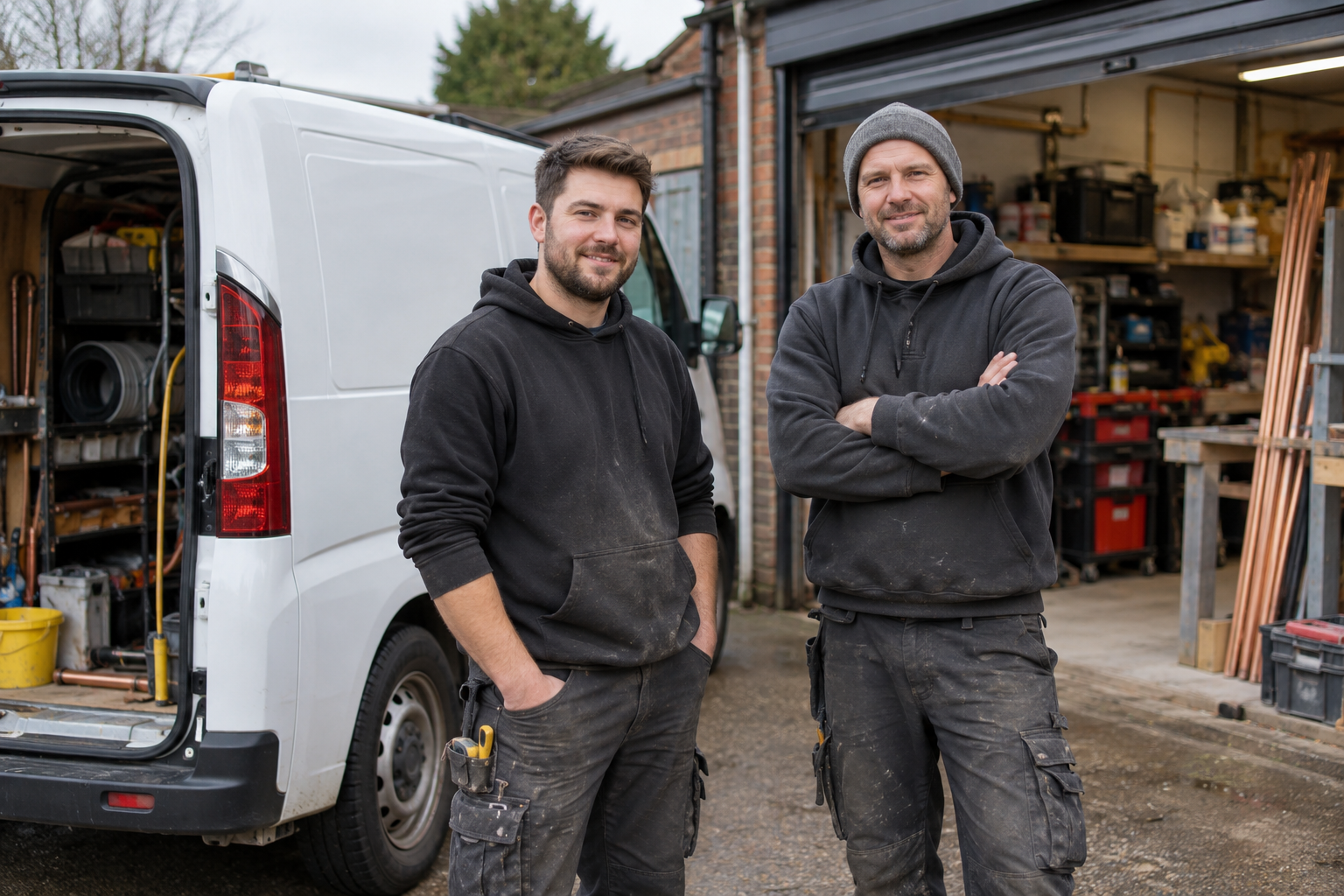 Illustration of two tradespeople beside an unbranded work van and small workshop.