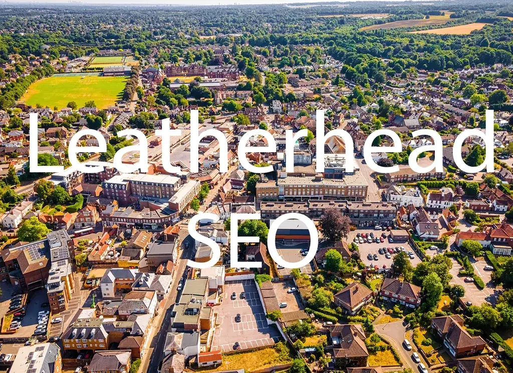 Leatherhead SEO artwork with the location and service name over a background photograph.